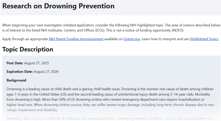 Screenshot of topic "Research on Drowning Prevention." Includes the Post Date, Expiration Date, and start of the Background section.