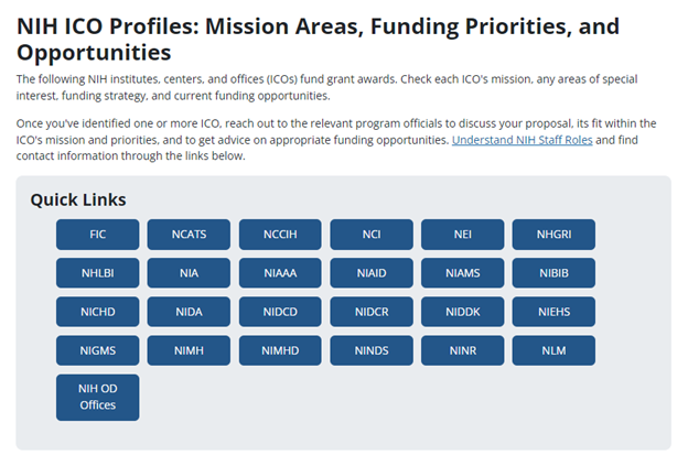 Screenshot of the ICO Profiles index with blue Quick Links buttons.