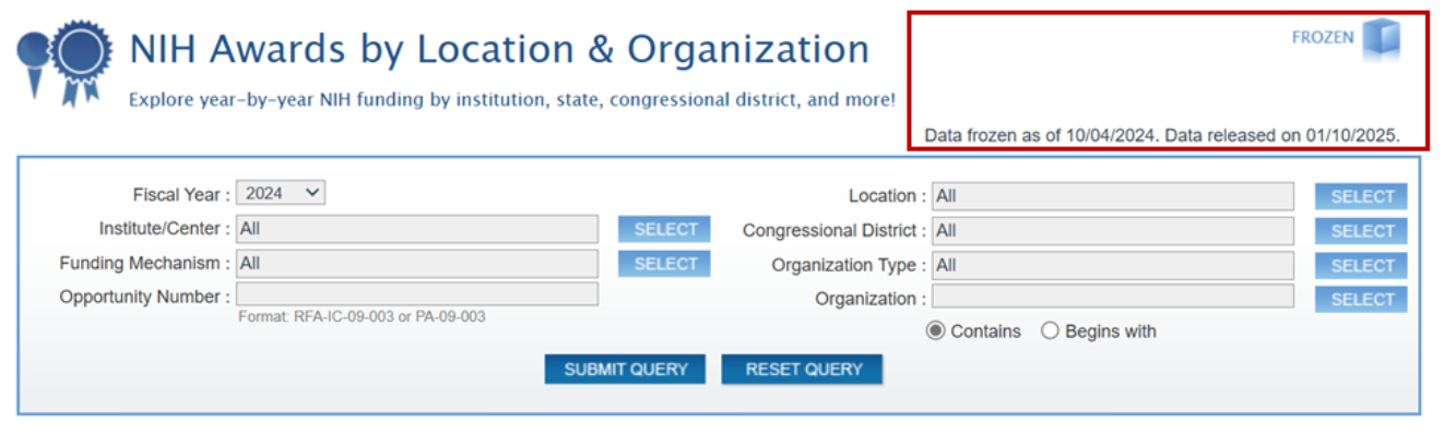 A screenshot of the Awards by Location Search tool