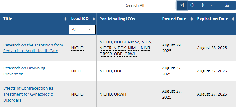 Table screenshot showing filter controls and two rows of data.