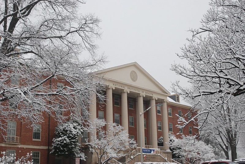 A snow-covered NIH building.