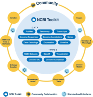 Alt text: Diagram of integration of NLM/NCBI with community resources in CGR. In the middle is the NCBI Toolkit with its data, tools, and databases that can be used for comparative genomics. In the outer ring are specialized content available in community-provided resources that can be brought into the NLM/NCBI ecosystem through standardized interfaces, illustrated by arrows.