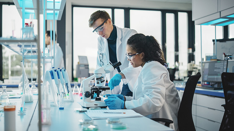 Two scientists working in a laboratory.